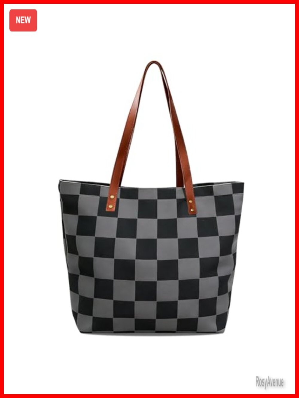 Canvas Tote Bag with Leather Handle, Zippered Checkered Plaid Reusable Shopper